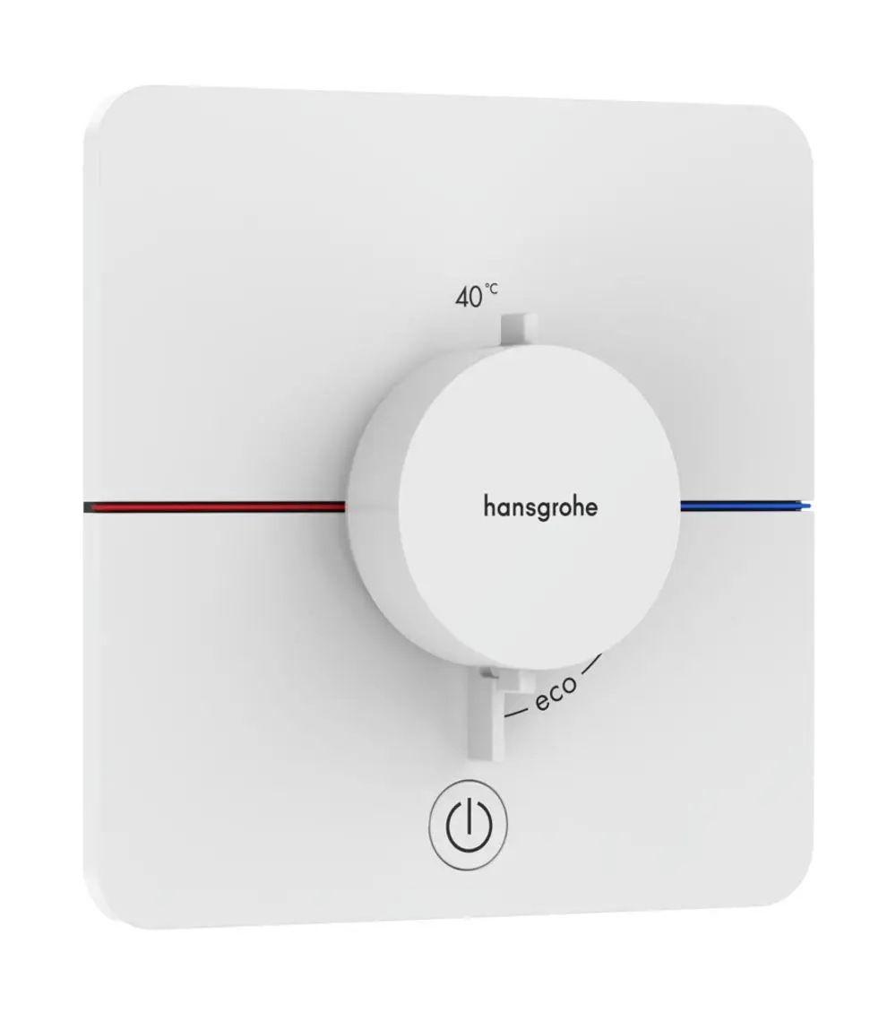 Thermostat für Dusche in Mattweiß mit einem Drehregler, der Temperatur und eine Eco-Funktion anzeigt. Marke Hansgrohe. Anbringung unterputz für einen Verbraucher.